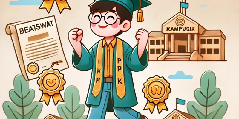 Ilustrasi seorang mahasiswa yang terlihat bahagia setelah menerima beasiswa tanpa syarat IPK, memegang sertifikat beasiswa dengan latar belakang kampus.