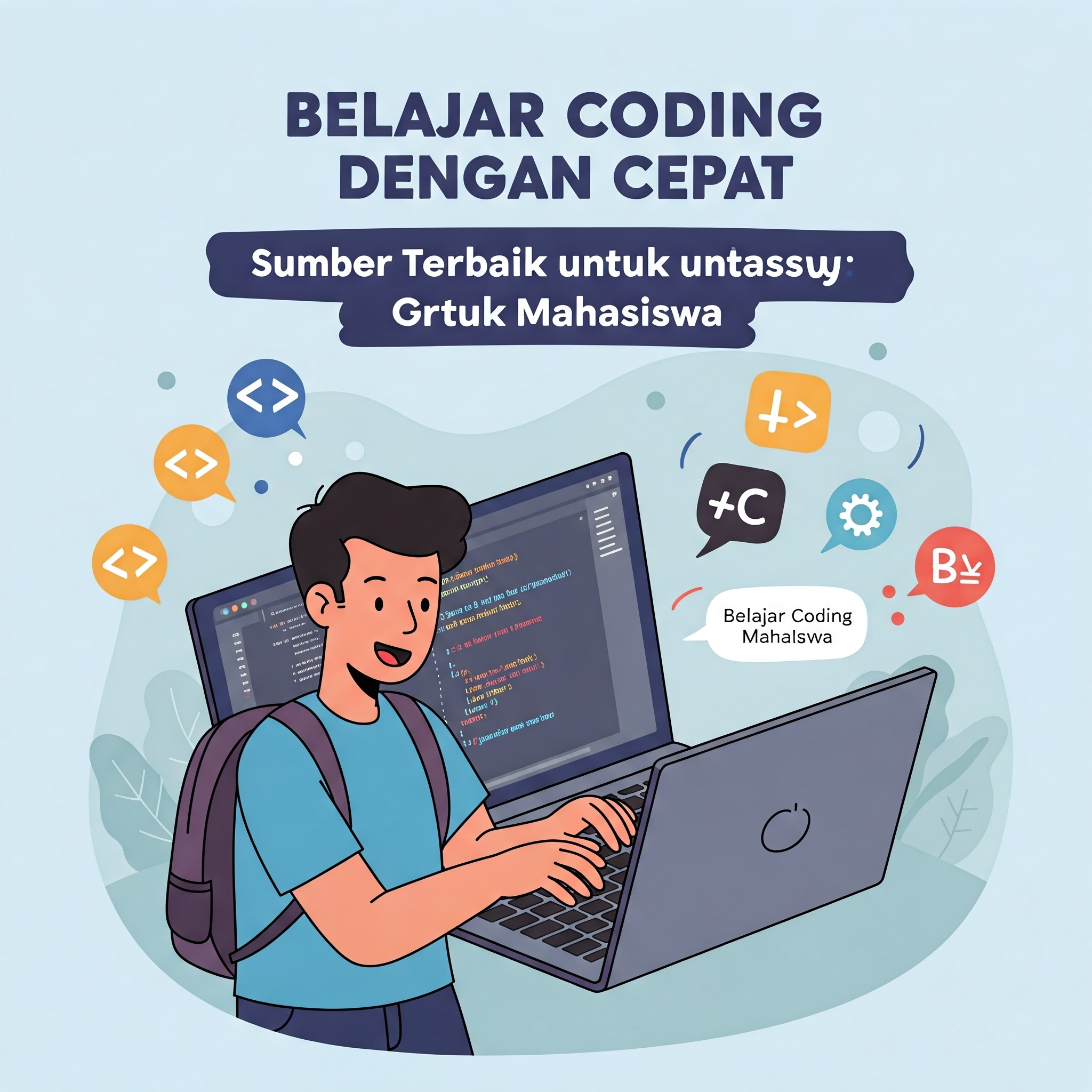 Mahasiswa belajar coding cepat di laptop, dikelilingi simbol coding.