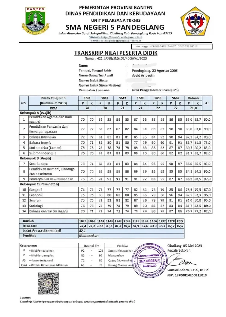 Contoh Transkrip nilai untuk keperluan membuat dokumen