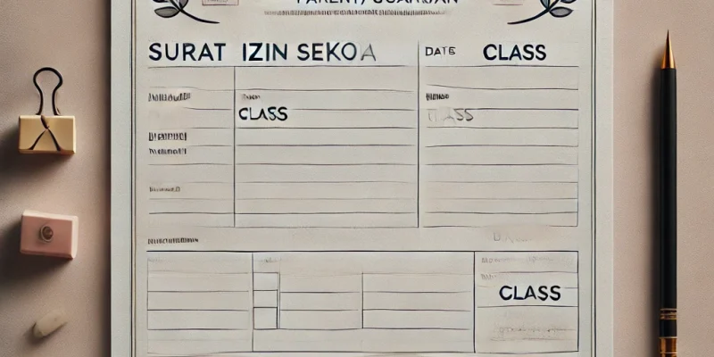 Sebuah format surat izin sekolah yang tertata rapi dengan judul "Surat Izin Sekolah", berisi bagian-bagian penting seperti nama siswa, kelas, tanggal, alasan izin, serta tanda tangan orang tua/wali.