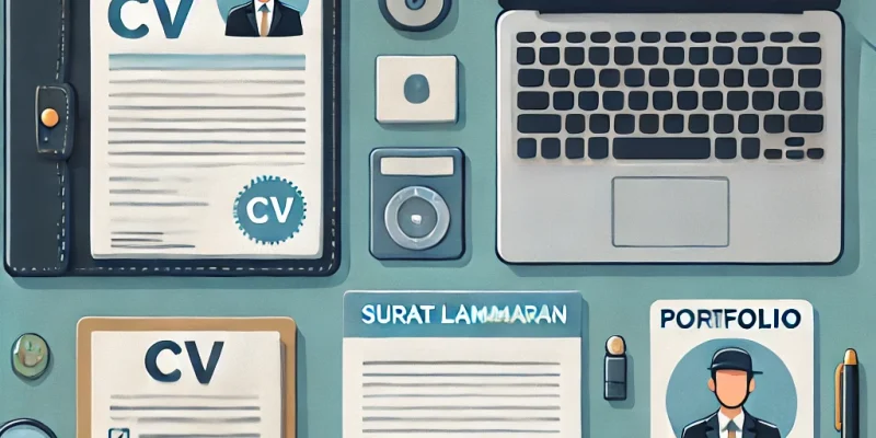 Ilustrasi perbedaan dokumen lamaran kerja antara CV, surat lamaran kerja, dan portfolio yang diletakkan di atas meja kerja