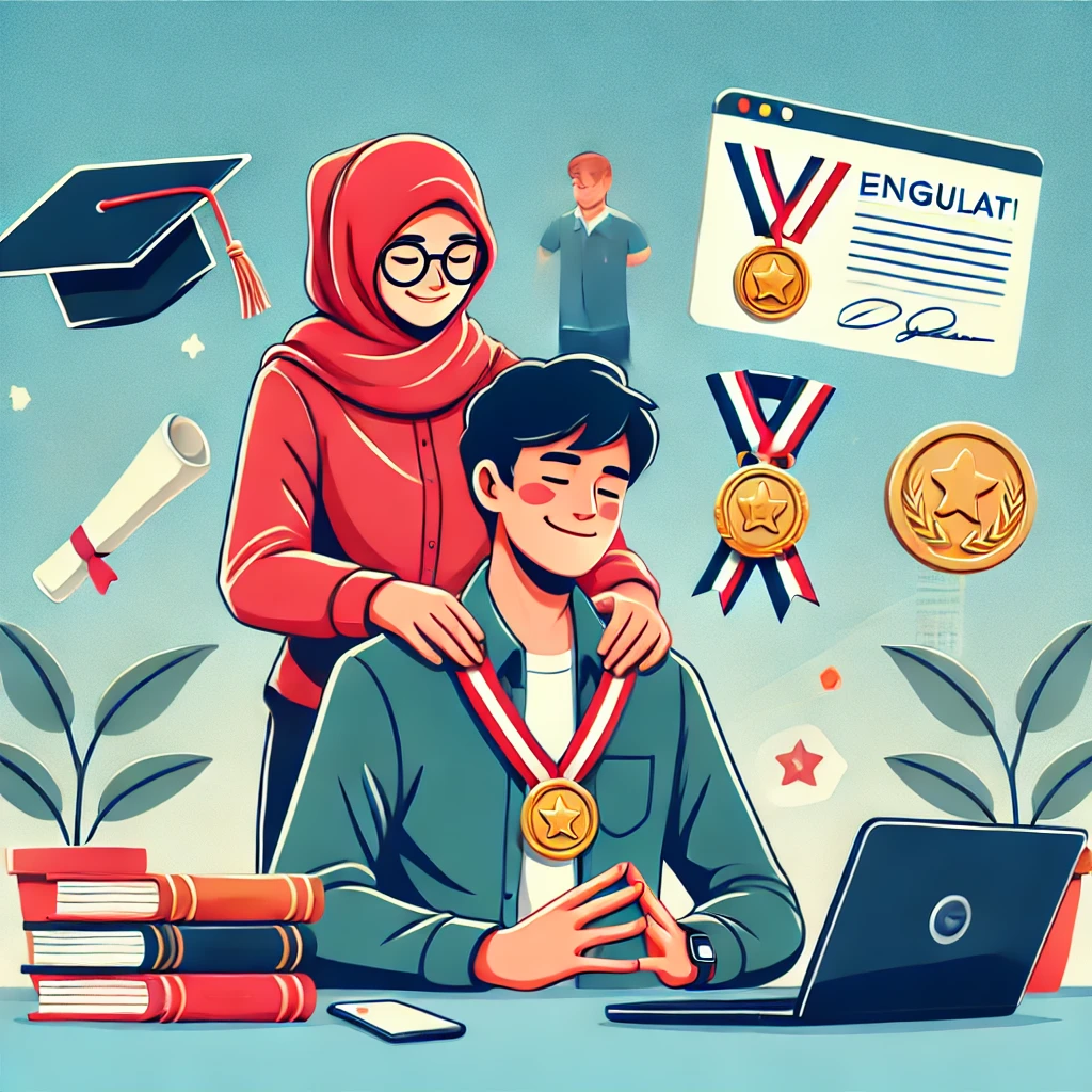 Ilustrasi seorang mahasiswa berprestasi yang menerima beasiswa unggulan, memegang sertifikat dengan ekspresi bahagia, dikelilingi oleh buku, laptop, dan simbol akademik.