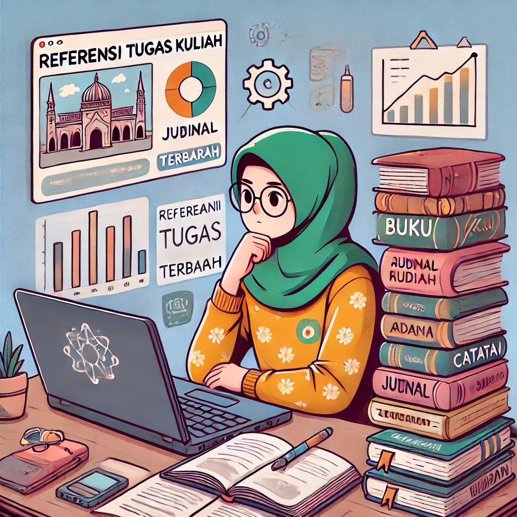 Ilustrasi seorang mahasiswa sedang mencari referensi tugas kuliah di laptop, dikelilingi oleh buku, jurnal akademik, dan catatan, dengan suasana belajar yang nyaman.