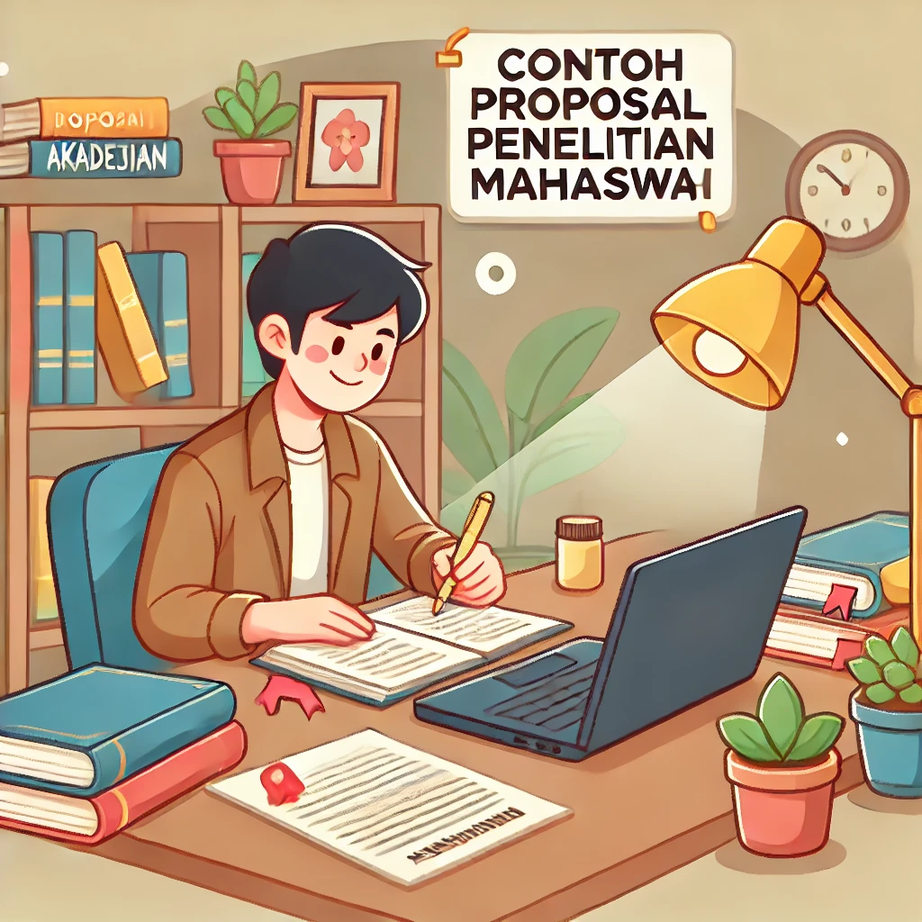 Ilustrasi seorang mahasiswa menulis proposal penelitian di meja belajar, dikelilingi buku, laptop, dan catatan, dengan suasana akademik yang mendukung.