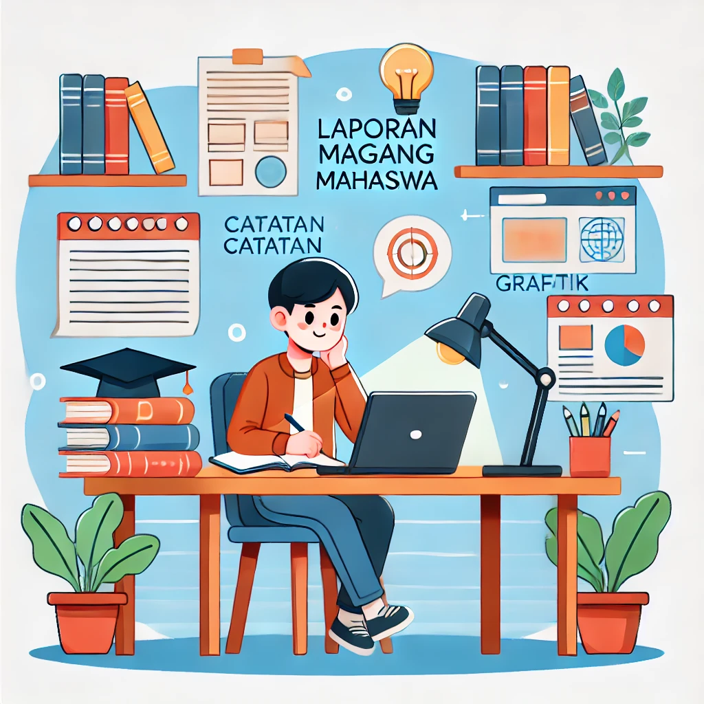 Ilustrasi seorang mahasiswa sedang menulis laporan magang mahasiswa di depan laptop, dikelilingi oleh buku, catatan, grafik, dan dokumen dengan judul 'Laporan Magang Mahasiswa' dalam lingkungan kerja yang rapi.