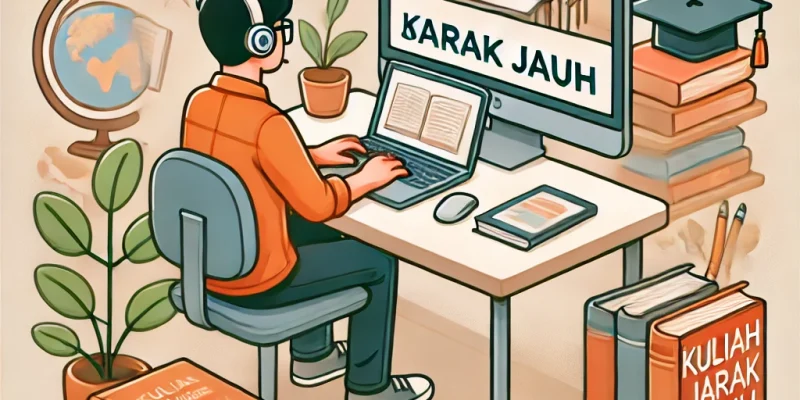 Kuliah jarak jauh Mahasiswa belajar daring di meja dengan laptop dan materi digital.