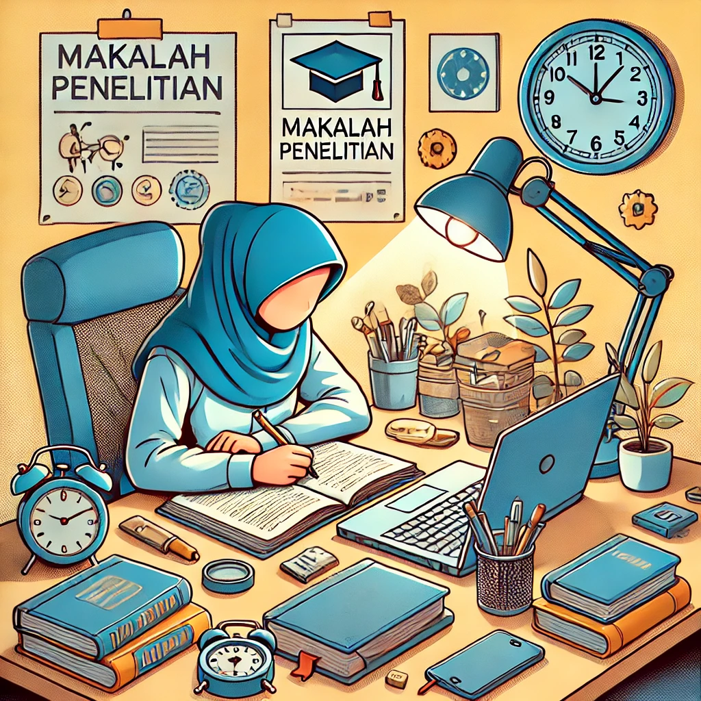 Ilustrasi seorang mahasiswi yang sedang mencari cara membuat makalah yang baik di meja belajar, dikelilingi buku, laptop, dan catatan, dengan suasana ruang belajar yang rapi dan produktif