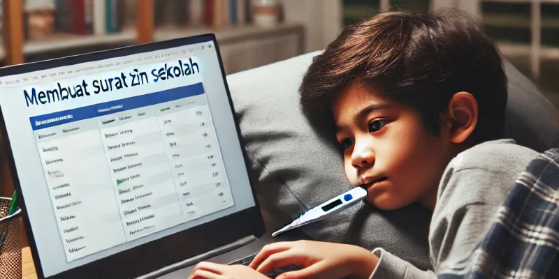 Seorang anak sekolah yang sedang sakit berbaring di tempat tidur dengan termometer di mulutnya, membuat laptop dan mencari cara membuat surat izin sekolah agar ia bisa izin dari sekolah