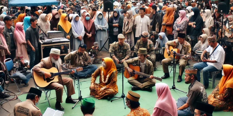 Suasana acara keramaian di area terbuka dengan panggung hiburan, stand makanan, dan panitia yang mengatur jalannya kegiatan, sementara seorang petugas memeriksa surat izin keramaian.