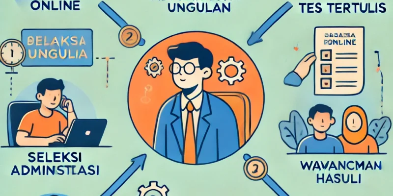 Diagram alur tahapan seleksi Beasiswa Unggulan dalam bahasa Indonesia, mencakup pendaftaran online, seleksi administrasi, tes tertulis, wawancara, dan pengumuman hasil.