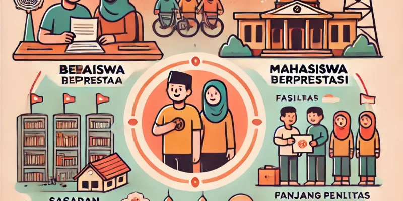 Infografis yang menjelaskan perbedaan antara Beasiswa Mahasiswa Berprestasi dan Beasiswa Unggulan dalam bahasa Indonesia, menampilkan aspek seperti pemberi beasiswa, sasaran, jenjang pendidikan, fasilitas, dan seleksi.