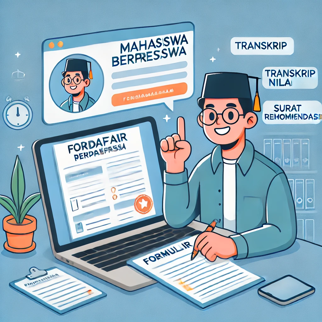 Ilustrasi mahasiswa sedang mengisi formulir pendaftaran beasiswa secara online dengan tulisan 'Beasiswa Mahasiswa Berprestasi' di layar laptop, dikelilingi oleh dokumen penting seperti transkrip nilai dan surat rekomendasi.