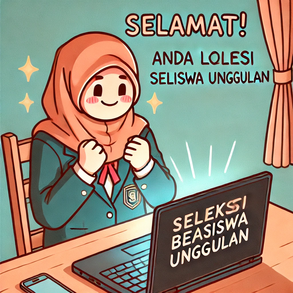 Ilustrasi seorang mahasiswa melihat pengumuman hasil seleksi Beasiswa Unggulan di layar laptop dengan tulisan 'Selamat! Anda Lolos Seleksi Beasiswa Unggulan'.