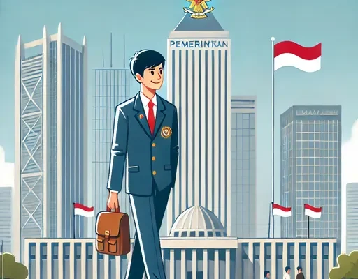 Ilustrasi seorang mahasiswa berdiri di depan gedung pemerintahan dengan ekspresi penuh semangat. Mahasiswa mengenakan jas almamater dan membawa dokumen, melambangkan persiapan untuk mendaftar beasiswa pemerintah.