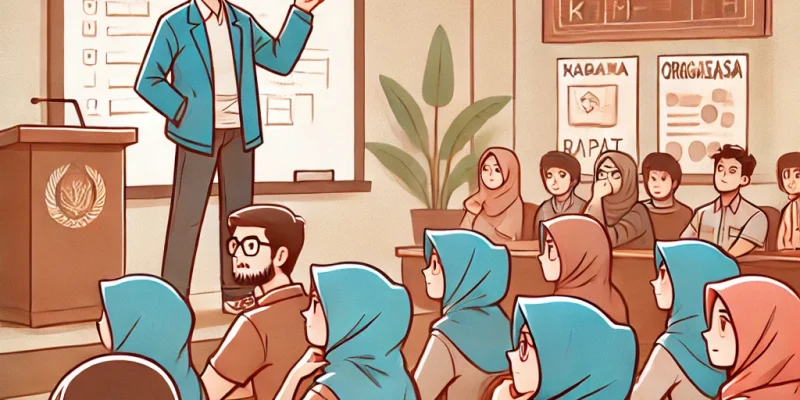 Ilustrasi seorang mahasiswa yang sedang memimpin organisasi di universitas, memberikan arahan kepada anggota tim. Pengalaman organisasi seperti ini sangat penting untuk mendapatkan beasiswa unggulan dan melatih soft skill kepemimpinan.