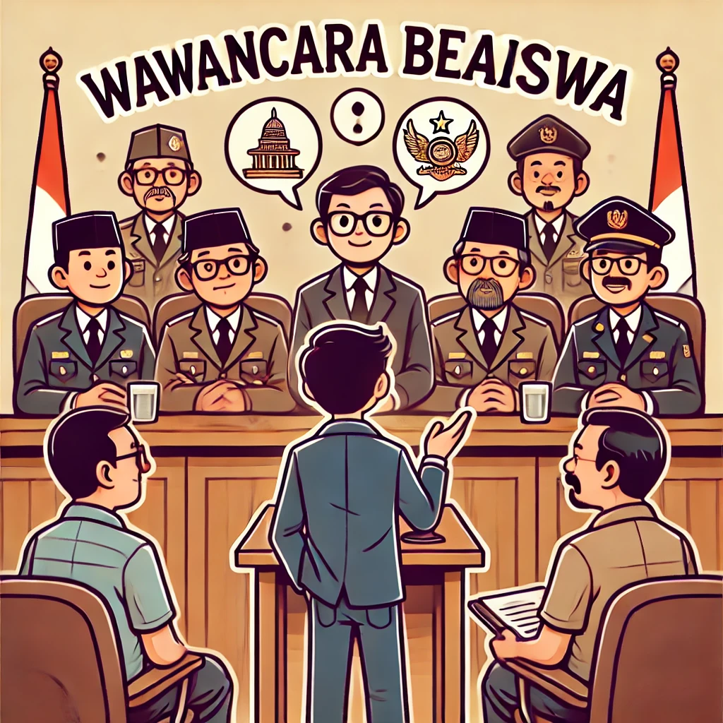 Ilustrasi wawancara Beasiswa Unggulan dalam bahasa Indonesia, menampilkan seorang mahasiswa yang sedang diwawancarai oleh panel pewawancara dalam suasana formal.