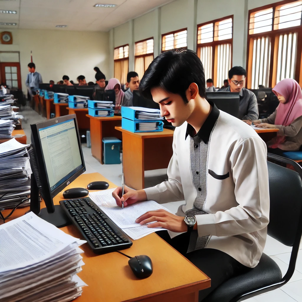 Seorang mahasiswa sedang mengurus surat izin sakit kuliah di kantor administrasi kampus. Ia membawa dokumen dan berbicara dengan petugas administrasi yang duduk di meja dengan komputer dan tumpukan berkas.