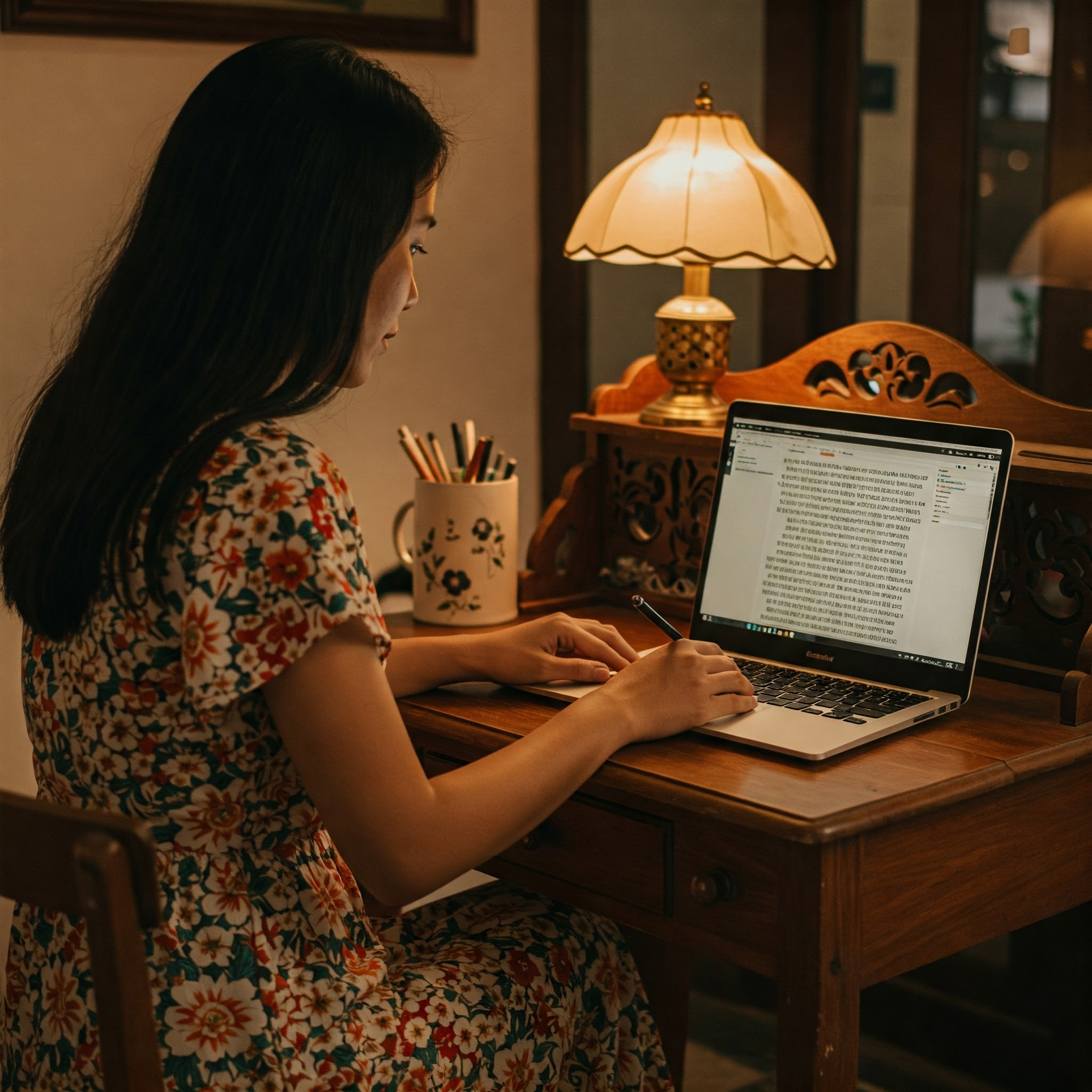 Seorang wanita menulis surat di laptopnya. Layar laptop menampilkan teks Indonesia.