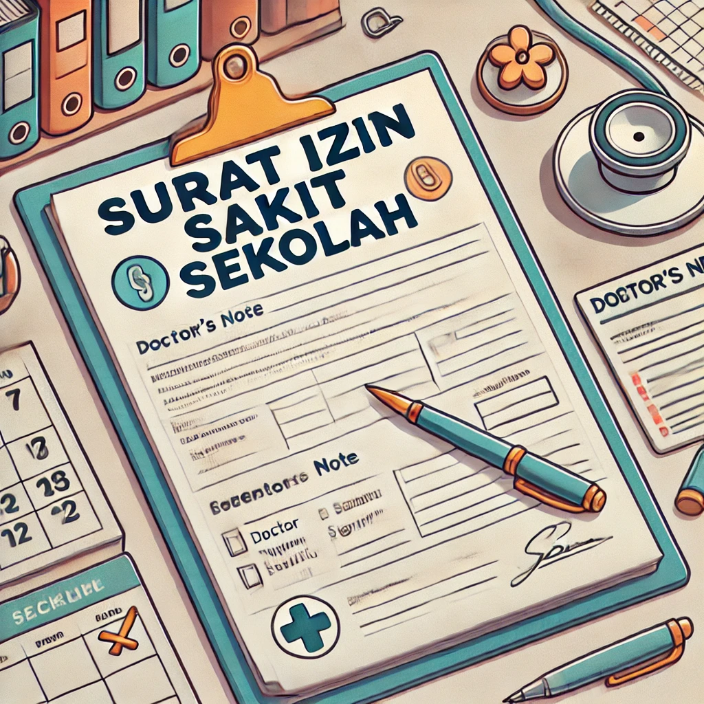 Ilustrasi dokumen berjudul 'Surat Izin Sakit Sekolah' di atas meja, dilengkapi dengan pena, bagian tanda tangan orang tua, catatan dokter, checklist, dan kalender sebagai simbol proses pengajuan izin sakit untuk siswa.