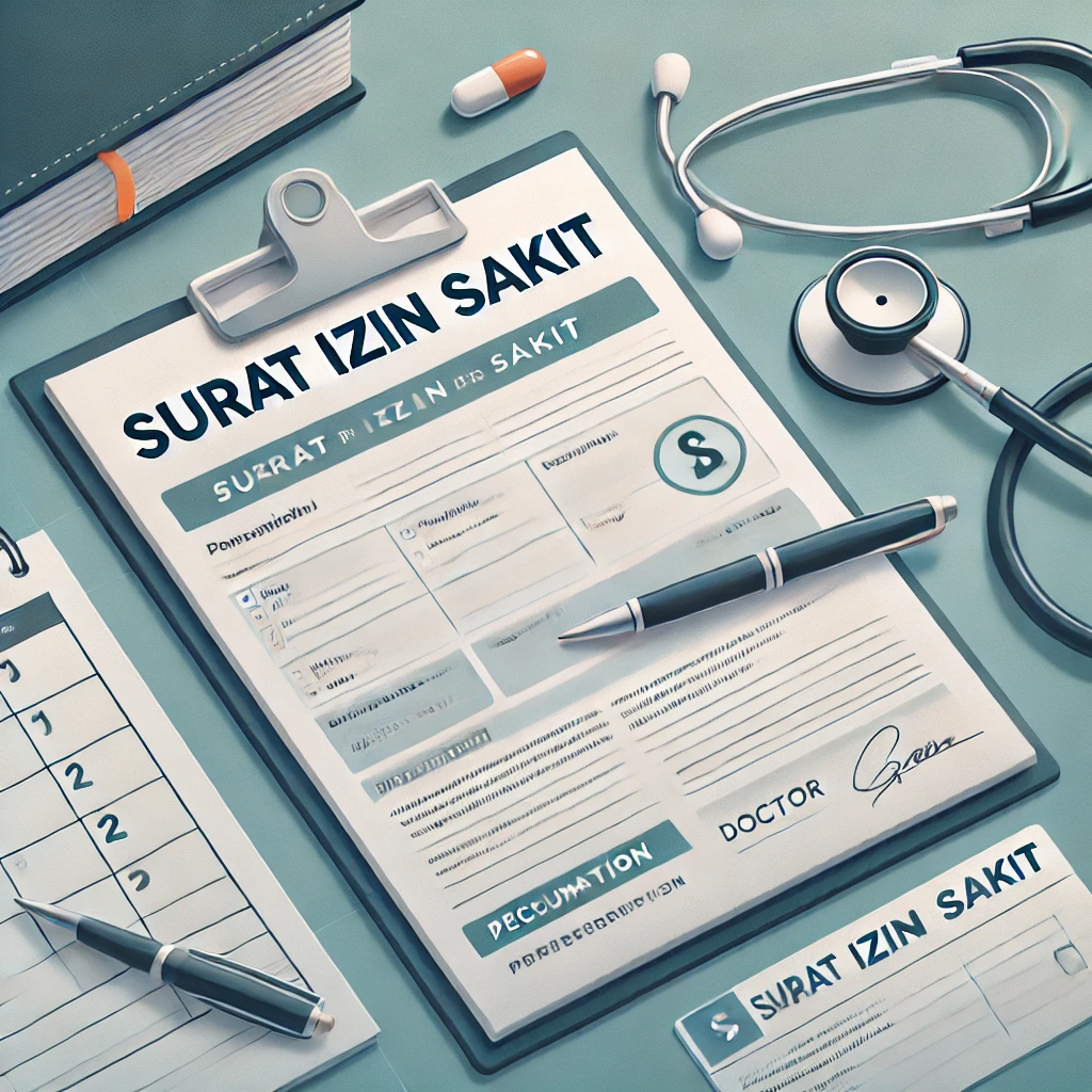 Ilustrasi dokumen resmi berjudul 'Surat Izin Sakit' di atas meja, dilengkapi dengan pena, resep dokter, stetoskop, checklist, dan kalender yang menunjukkan proses pengajuan izin sakit.