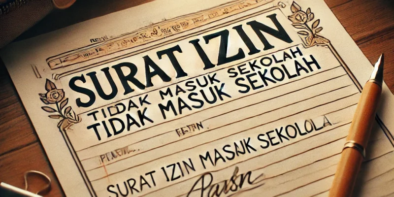 Sebuah surat izin tidak masuk sekolah yang ditulis tangan, terletak di atas meja kayu dengan pena di sampingnya.