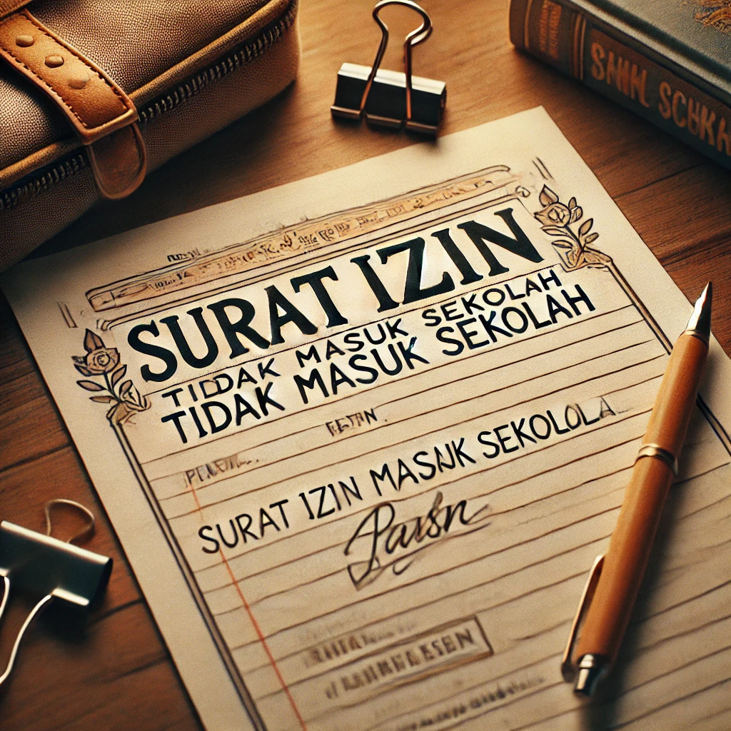 Sebuah surat izin tidak masuk sekolah yang ditulis tangan, terletak di atas meja kayu dengan pena di sampingnya.